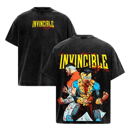 Invincible Omni-Man Graphic Tee Double Sided Vintage Washed Heavy Cotton T-Shirt Unisex Streetwear Anime Comic Shirt Mark Grayson Nolan Blood Splatter Y2K Retro Oversized Top for Men Women Everyday Casual Wear Trendy Pop Culture Cosplay Merch Apparel