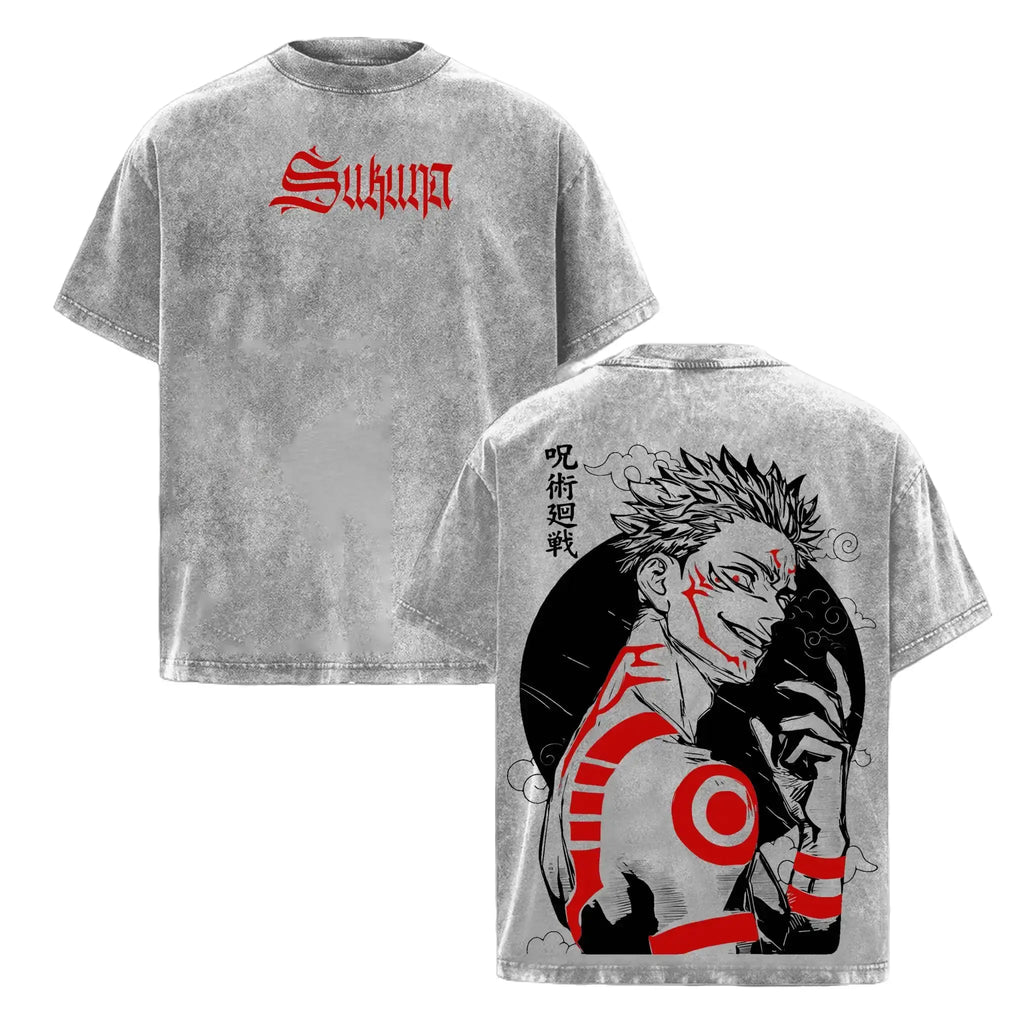 Sukuna Tee Washed – Jujutsu Kaisen Execution the Movie Culling Game Arc Vintage Oversized Heavy Cotton Double Printed Anime Manga T-Shirt, Retro Unisex Streetwear Graphic Top, Ryomen Sukuna’S Vessel Curse King Edition, JJK Japanese Otaku Gift Tee